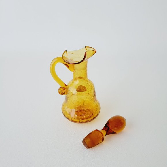 Hand Blown Amber Crackle Glass Cruet by Rainbow, Vintage Yellow Vinegar Bottle - Picture 13 of 14